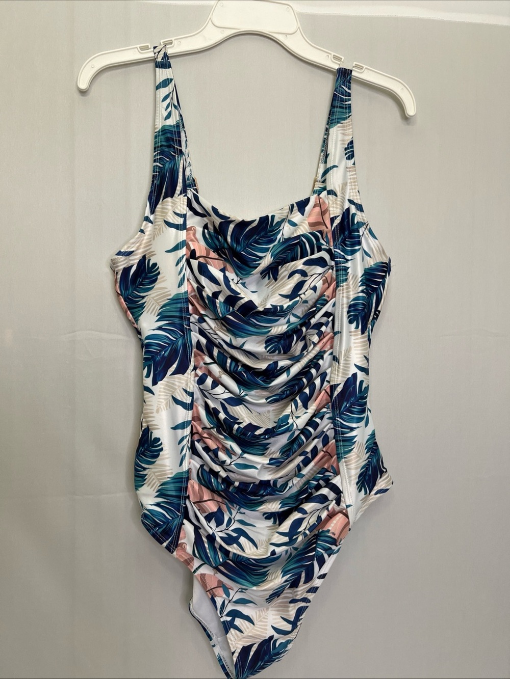 Simply Fit Tropical Leaf Ruched One-Piece Swimsuit - White/Navy/Teal